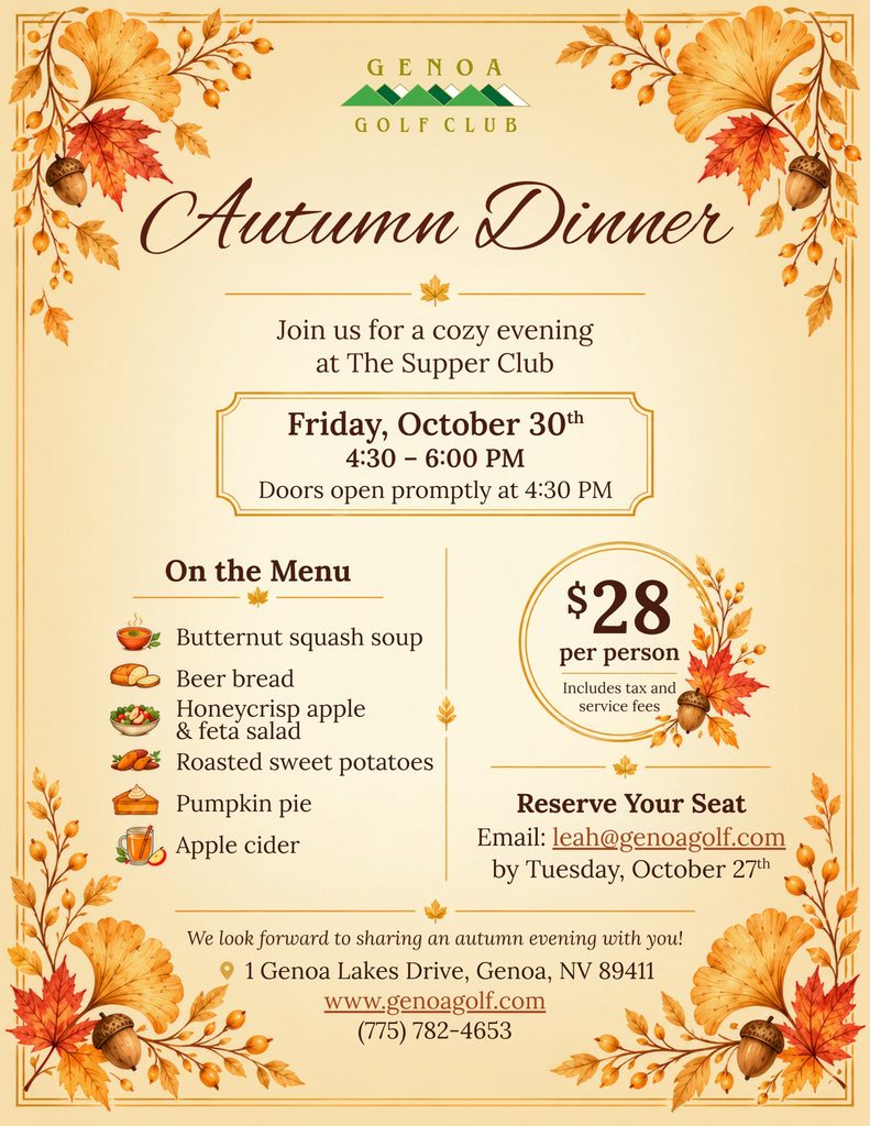 Genoa Golf Club - Autumn Dinner event. Friday, October 30th